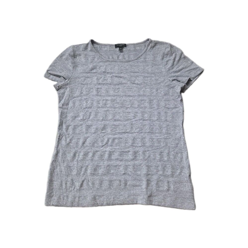 Talbots Petites Silver Metallic Short Sleeve Crewneck Shimmer Top Size P EUC